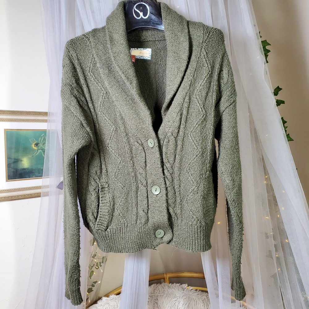 Pilcro Cropped & Collared Cable-Knit Cardigan Sweater Size Small Moss Green Sz S